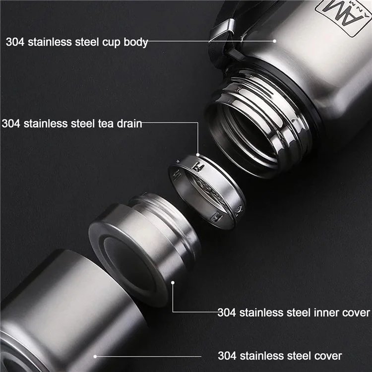 Garrafa Térmica Infusora de Chá em Aço Inoxidável 304, 600ml, para Viagem e Exterior (Sem BPA, Aprovado pela FDA) - Preto