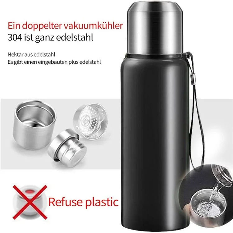 Garrafa de Água Isolante a Vácuo em Aço Inoxidável 304 com Infusor de Chá, 1500ml - Preto (Livre de BPA, Sem FDA)