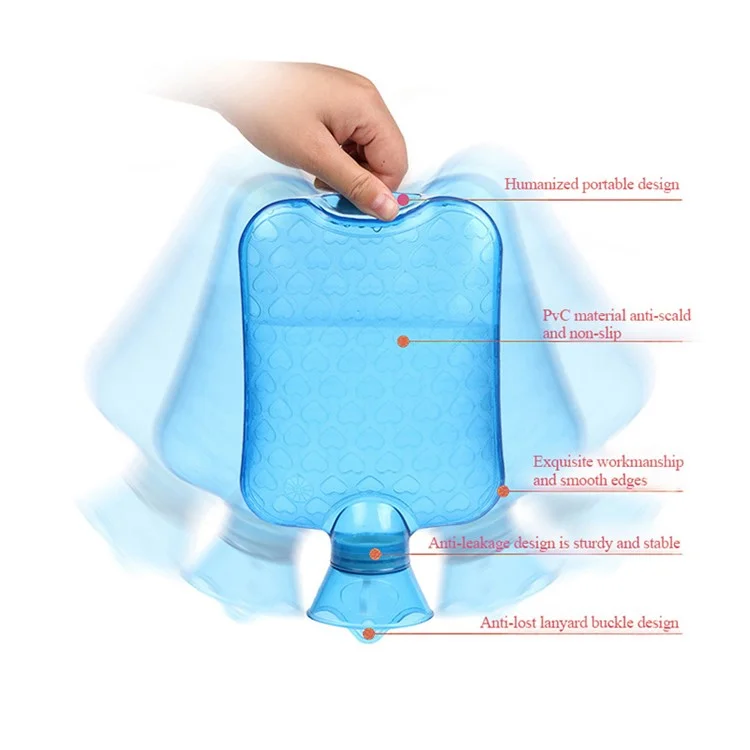 1000ML Hot Water Bottle PVC Hot Water Bag Relief from Headaches, Cramps, Arthritis, Back Pain, Sore Muscles, Injuries - Blue