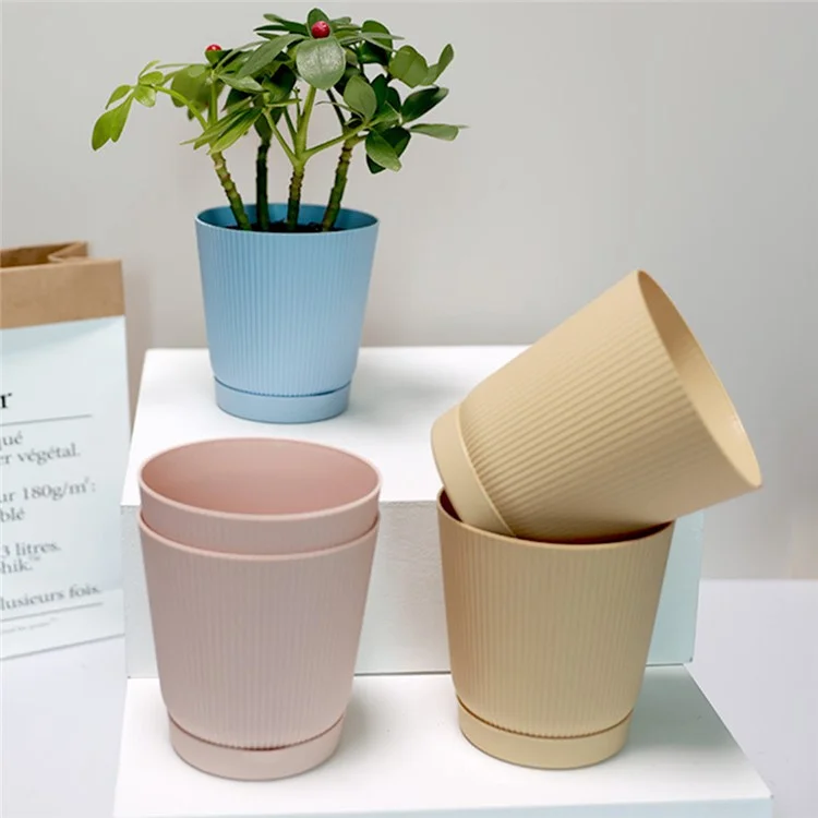 5 Vasos Autoirrigáveis de Mesa com Furo de Drenagem, Camada Dupla Listrada para Escritório - Rosa