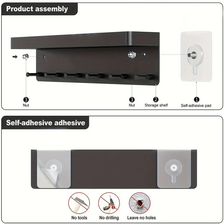 Organizador de Chaves Sem Furar Rack de Plástico para Cozinha, Banheiro e Casa - Prateleira de Armazenamento com Gancho Traseiro para Pequenos Itens - Preto