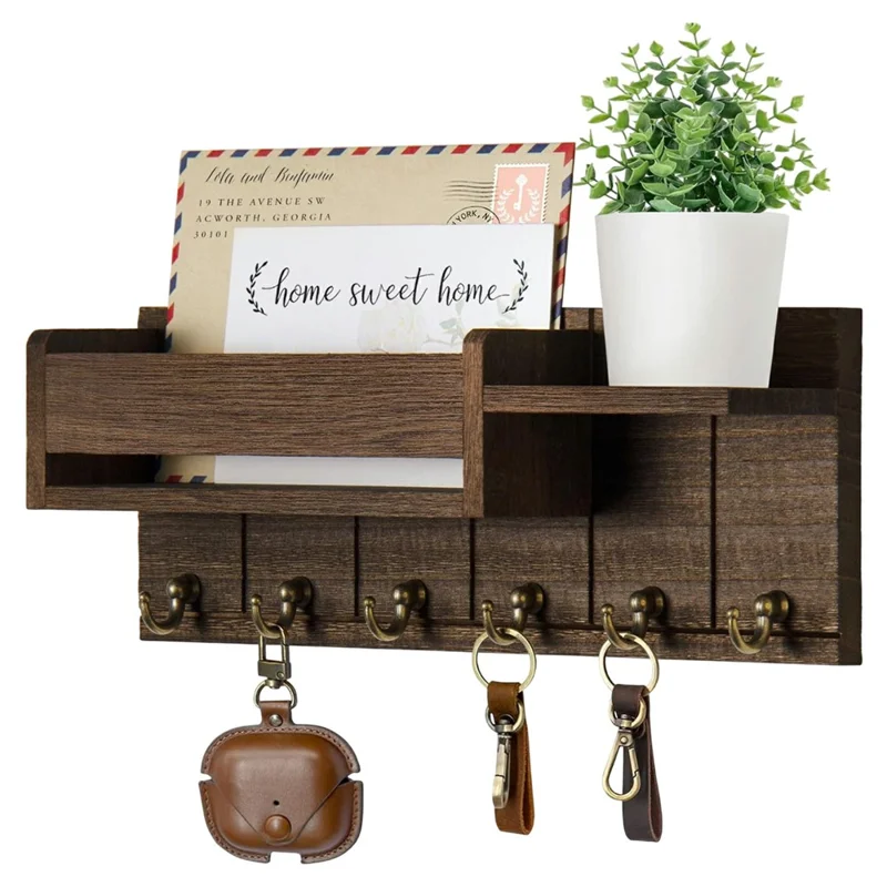 Wooden Wall Mounted Mail Storage Rack Key Holder Bedroom Study Room Hallway Entryway Shelf - Brown