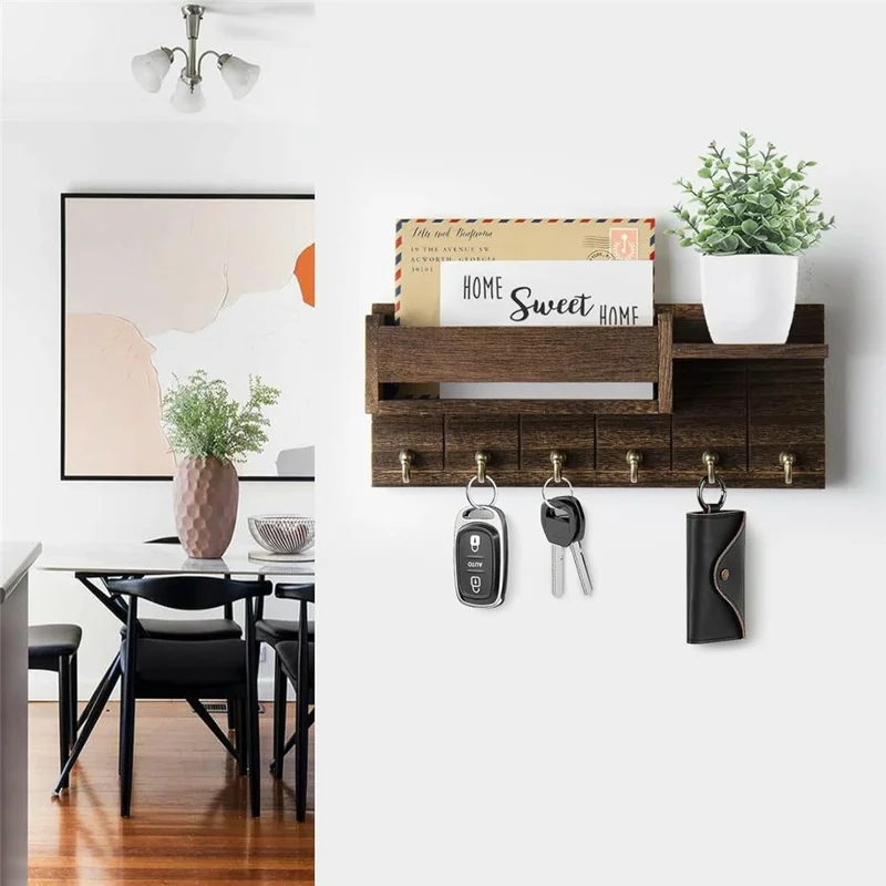 Wooden Wall Mounted Mail Storage Rack Key Holder Bedroom Study Room Hallway Entryway Shelf - Brown