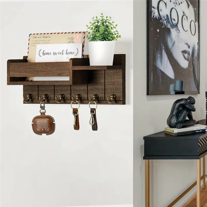 Wooden Wall Mounted Mail Storage Rack Key Holder Bedroom Study Room Hallway Entryway Shelf - Brown