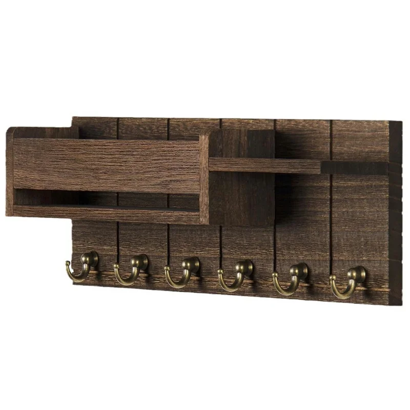 Wooden Wall Mounted Mail Storage Rack Key Holder Bedroom Study Room Hallway Entryway Shelf - Brown