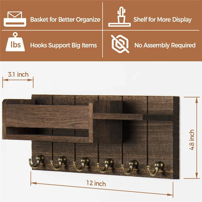 Wooden Wall Mounted Mail Storage Rack Key Holder Bedroom Study Room Hallway Entryway Shelf - Brown