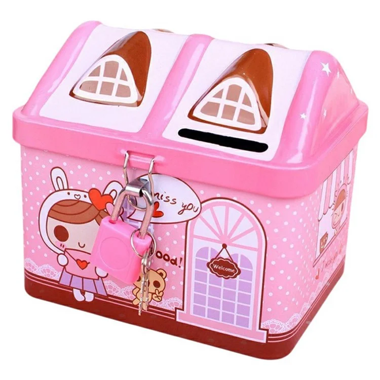 Salvadanaio a forma di casa creativo in lamiera di metallo con ornamenti dei cartoni animati per bambini - Rosa