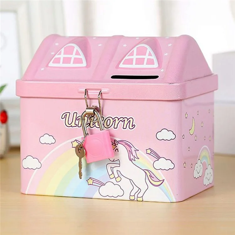 Salvadanaio a forma di casa creativo in lamiera di metallo con ornamenti dei cartoni animati per bambini - Rosa