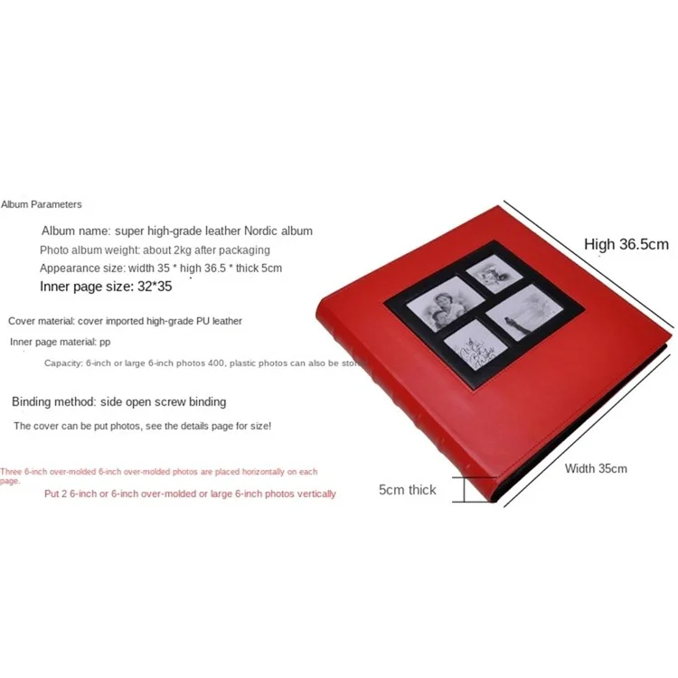 Álbum de fotos con cubierta de piel sintética de 6 pulgadas, capacidad para 500 fotos, libro de almacenamiento - Textura lisa / Negro