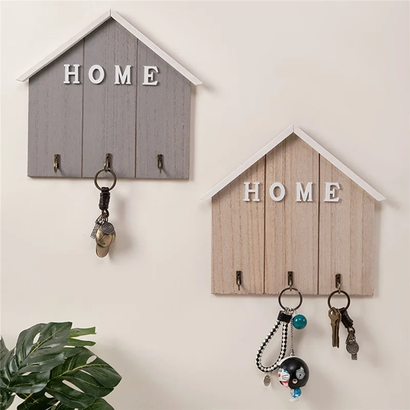 Nordic Style Wooden Wall Mount Key Hanging Hook Storage Rack Creative Entryway Organizer Home Decor - Dark Grey