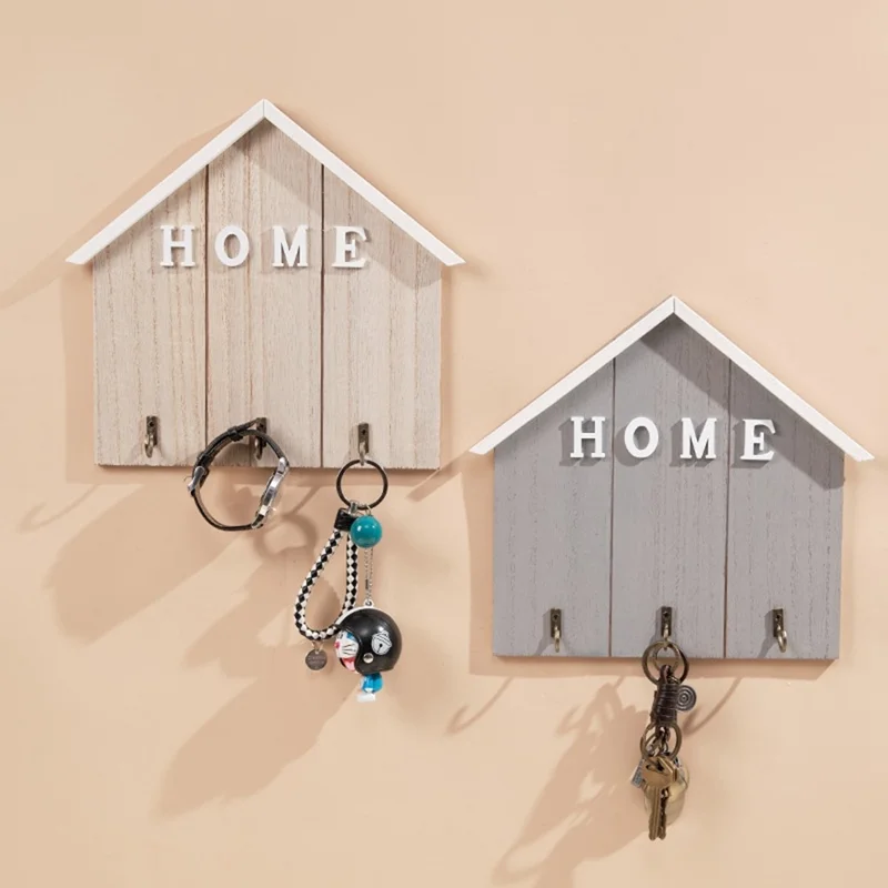 Nordic Style Wooden Wall Mount Key Hanging Hook Storage Rack Creative Entryway Organizer Home Decor - Dark Grey