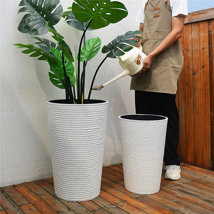 65L Resin Flower Pot with Tray Round Tall Planter with Drainage Hole for Balcony Plants, Size L - Quartz White