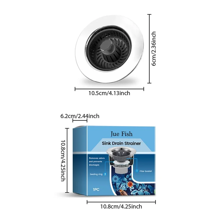 JUE-FISH JU-C09-0129-01 Kitchen Sink Strainer Drain Filter Basket Anti Clogging Food Debris Catcher