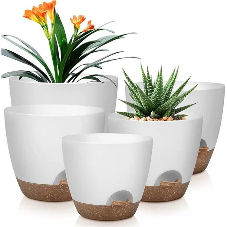 5Pcs Self Watering Planter Pots Side Water Inlet Plastic Garden Plant Holder Containers - White+Yellow
