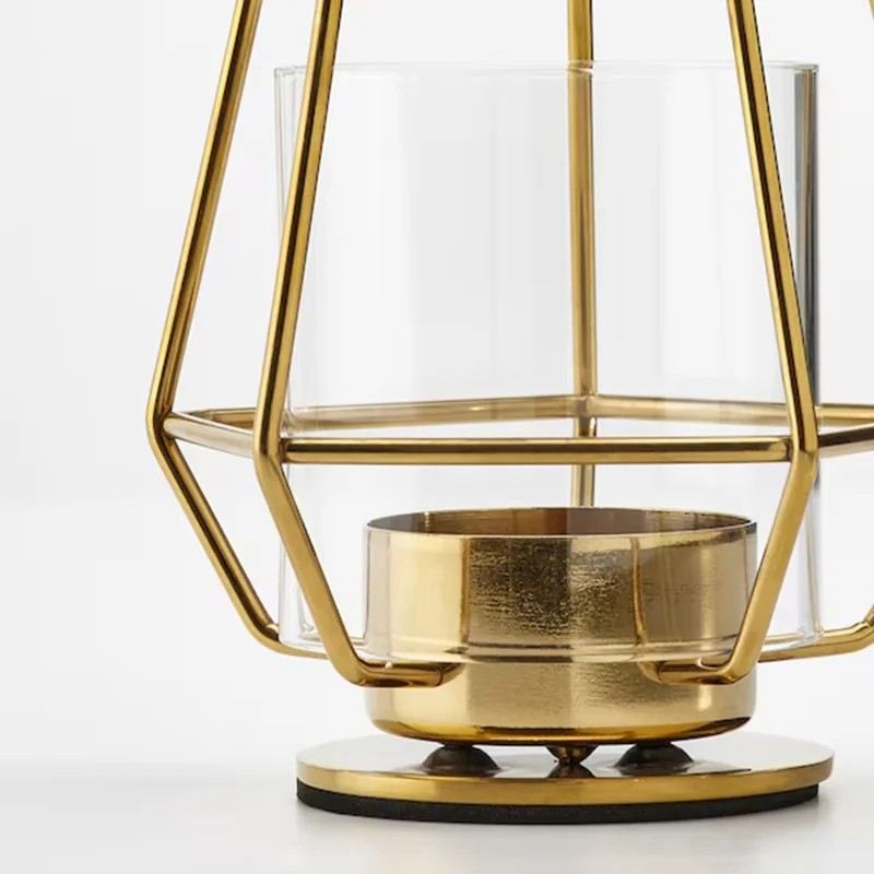 Modern Gold Candle Holder with Glass Cover Nordic Style Decorative Metal Candlestick