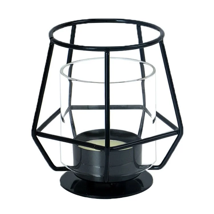 Modern Metal Candle Holder with Glass Cover Table Small Ornament Romantic Candle Cup - Black