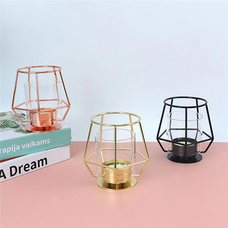Modern Metal Candle Holder with Glass Cover Table Small Ornament Romantic Candle Cup - Black