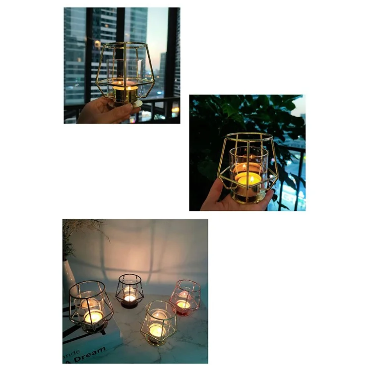 Modern Metal Candle Holder with Glass Cover Table Small Ornament Romantic Candle Cup - Black