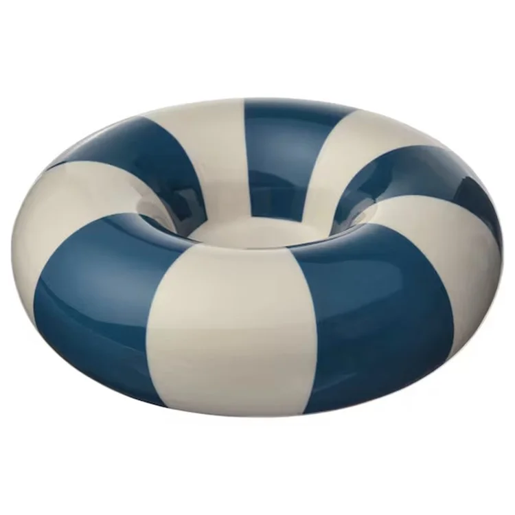 Petit support de bougie rond en céramique en forme d'anneau de natation - Décoration intérieure Bleu+Blanc