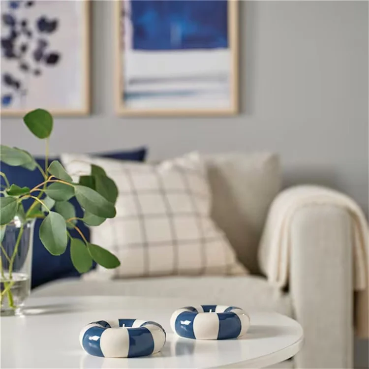 Petit support de bougie rond en céramique en forme d'anneau de natation - Décoration intérieure Bleu+Blanc