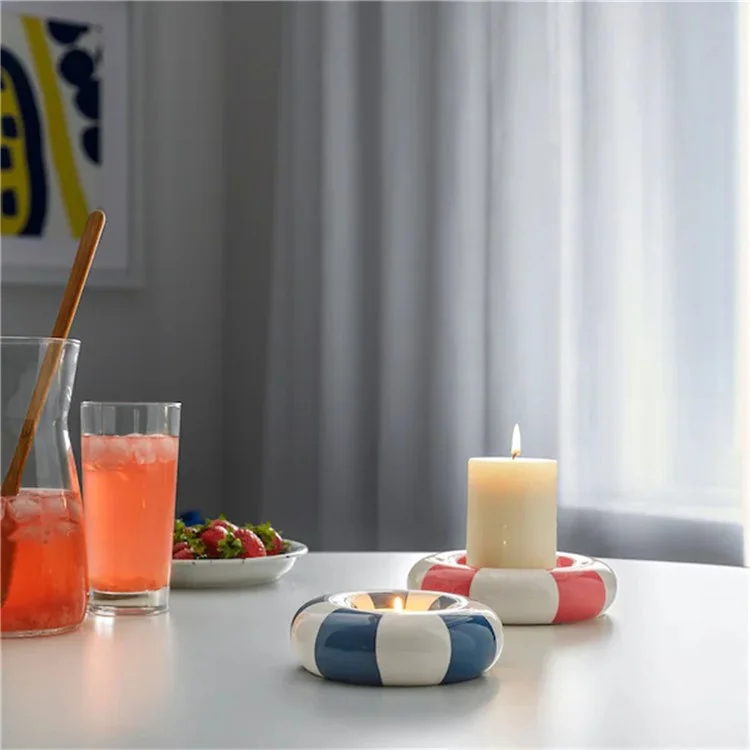 Petit support de bougie rond en céramique en forme d'anneau de natation - Décoration intérieure Bleu+Blanc