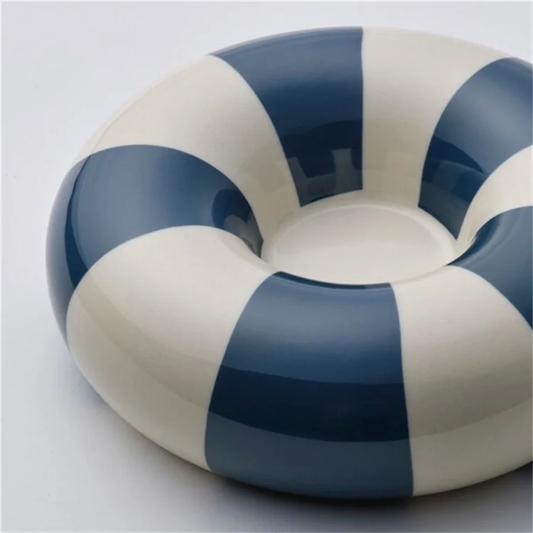 Petit support de bougie rond en céramique en forme d'anneau de natation - Décoration intérieure Bleu+Blanc