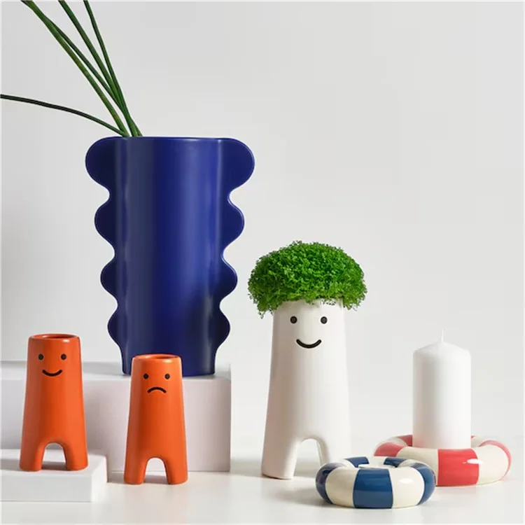 Petit support de bougie rond en céramique en forme d'anneau de natation - Décoration intérieure Bleu+Blanc