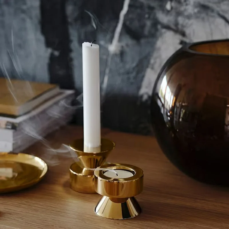 2Pcs Metal Candle Holder Round Base Dining Table Bedroom Study Tealight Candle Stand - Brass Color