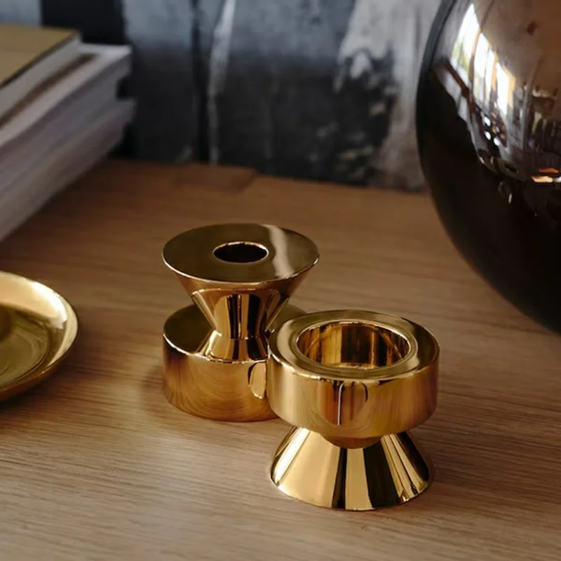 2Pcs Metal Candle Holder Round Base Dining Table Bedroom Study Tealight Candle Stand - Brass Color