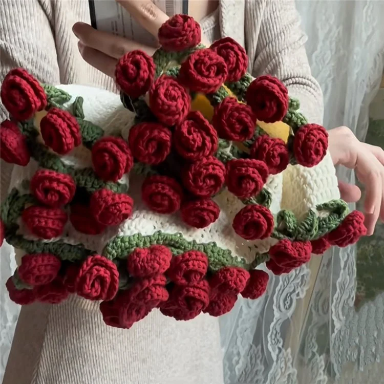 160cm Diameter 90 Flowers Round Blanket Soft Yarn Crochet 3D Floral Bouquet Blanket - Roman Red Rose + White Blanket
