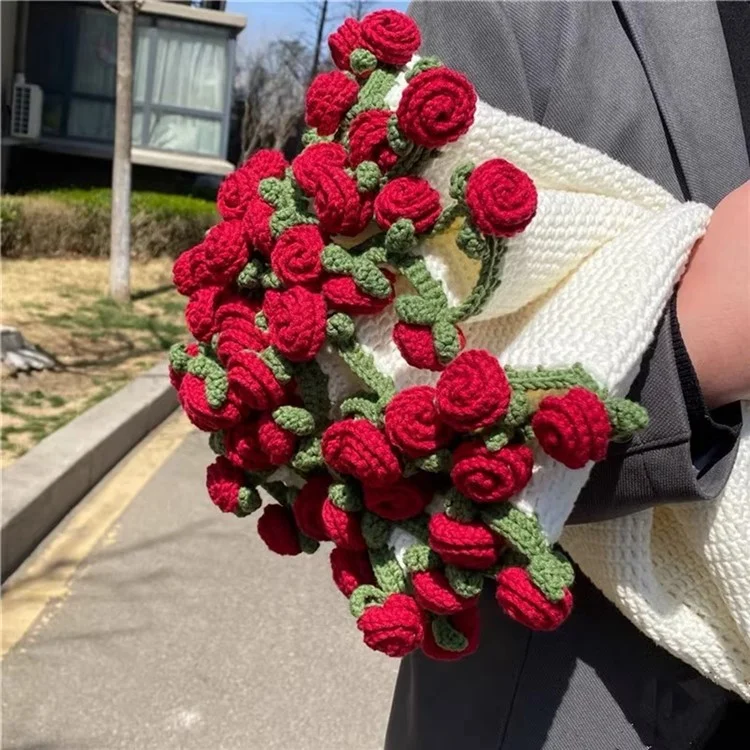 160cm Diameter 90 Flowers Round Blanket Soft Yarn Crochet 3D Floral Bouquet Blanket - Roman Red Rose + White Blanket