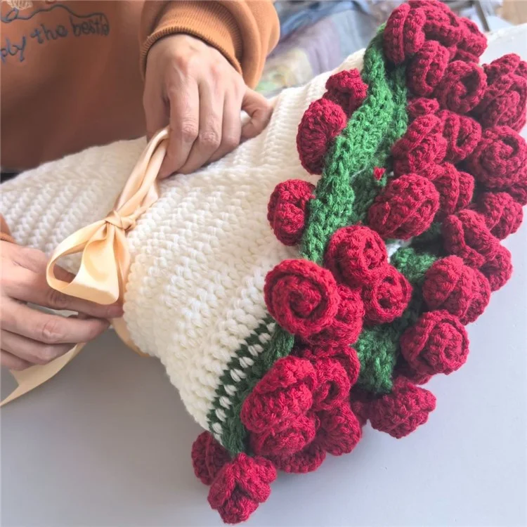 160cm Diameter 90 Flowers Round Blanket Soft Yarn Crochet 3D Floral Bouquet Blanket - Red Rose + White Blanket