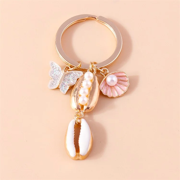 Butterfly Seashell Pendant Keychain with Faux Pearl Decor Hanging Ornament for Backpack Car Keys