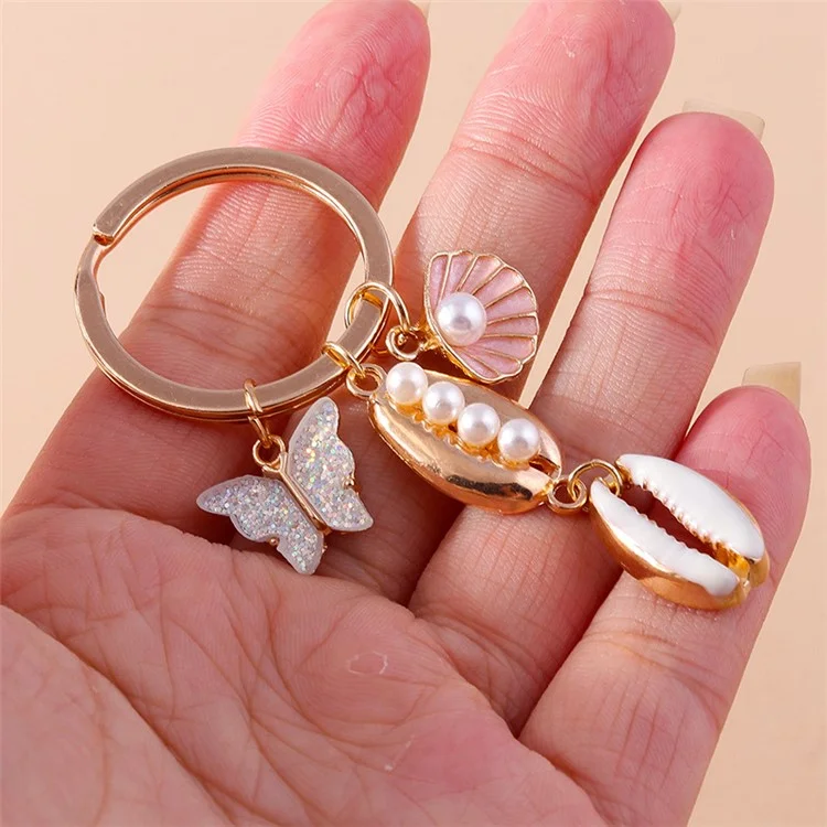 Butterfly Seashell Pendant Keychain with Faux Pearl Decor Hanging Ornament for Backpack Car Keys