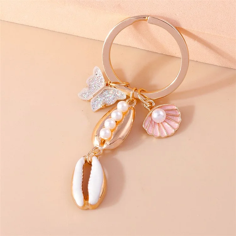 Butterfly Seashell Pendant Keychain with Faux Pearl Decor Hanging Ornament for Backpack Car Keys