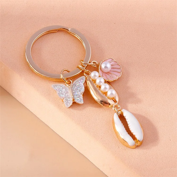 Butterfly Seashell Pendant Keychain with Faux Pearl Decor Hanging Ornament for Backpack Car Keys