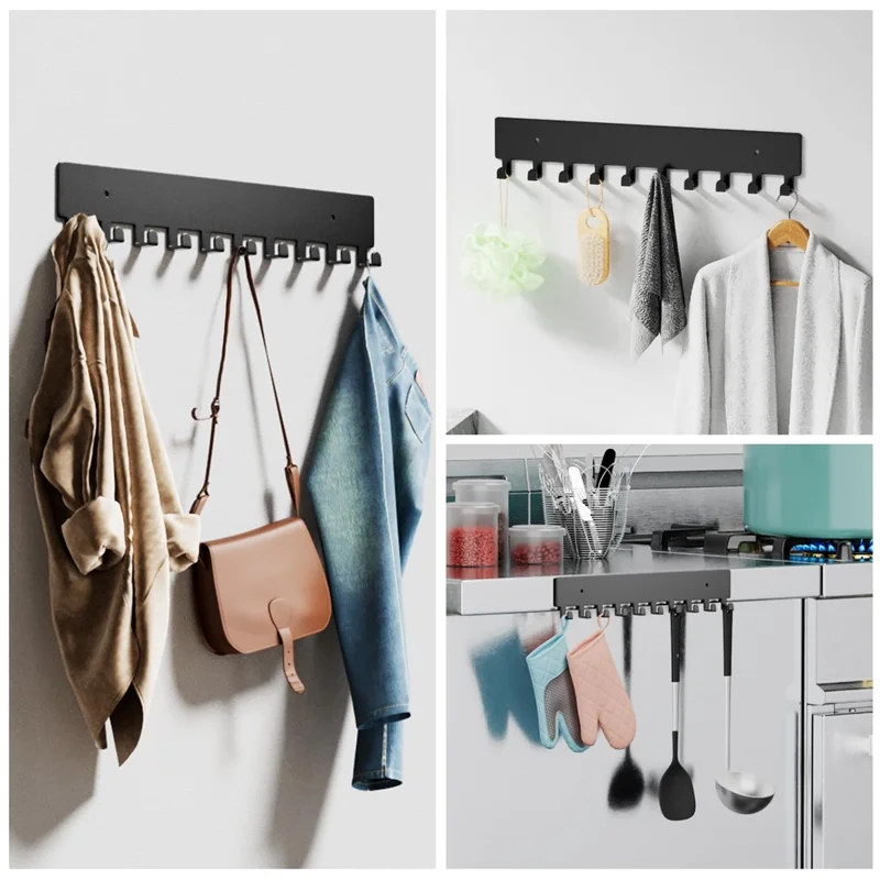 Key Hook Rack with 10 Hooks Wall Mounted Key Holder Organizer Storage for Entryway / Kitchen / Office Use - Black