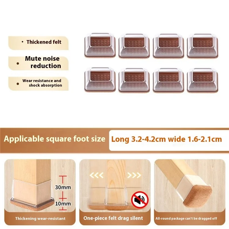 8Pcs Chair Leg Covers for Medium Rectangular Furniture Feet Pads Noise Reducing Anti-Slip Floor Mat for Home - Transparent