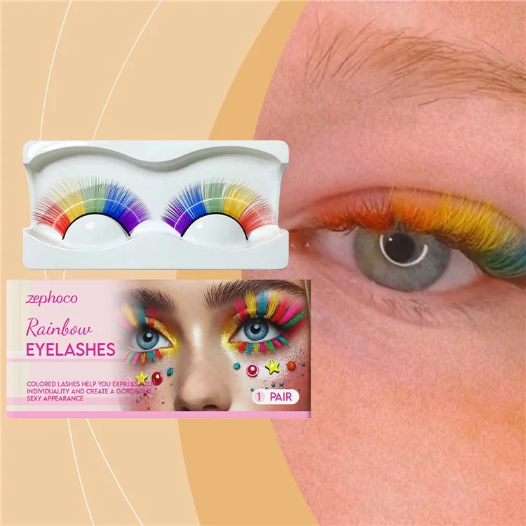 ZEPHOCO ZP-A02-0005-01 1 Pair Rainbow False Eyelashes Chemical Fiber Lashes for Halloween Party Cosplay