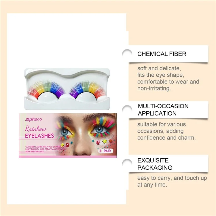 ZEPHOCO ZP-A02-0005-01 1 Pair Rainbow False Eyelashes Chemical Fiber Lashes for Halloween Party Cosplay