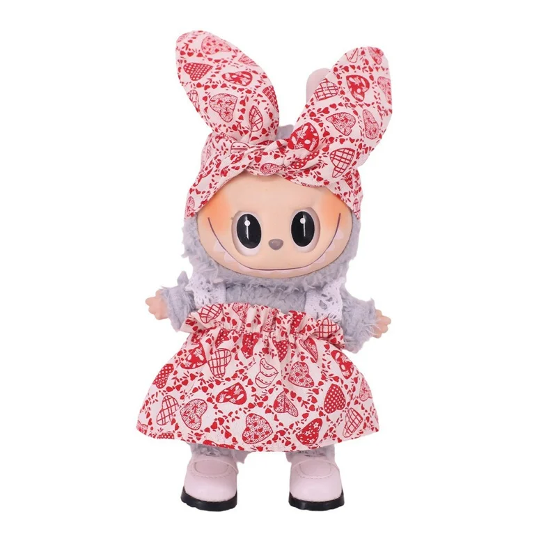 Pour Labubu 17cm Mini Figurine Peluche Robe à imprimé floral avec serre-tête Tenue de fête - xm2655