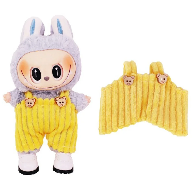 Pour Labubu 17cm Mini Figure Salopette à rayures Vêtement de poupée en peluche à motif d'ours de dessin animé