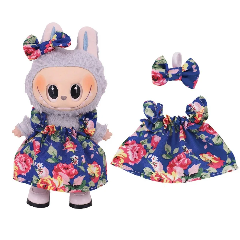 Per Labubu 17cm Mini Figura Peluche Vestito con Stampa Floreale e Fiocco per Festa - xm2660