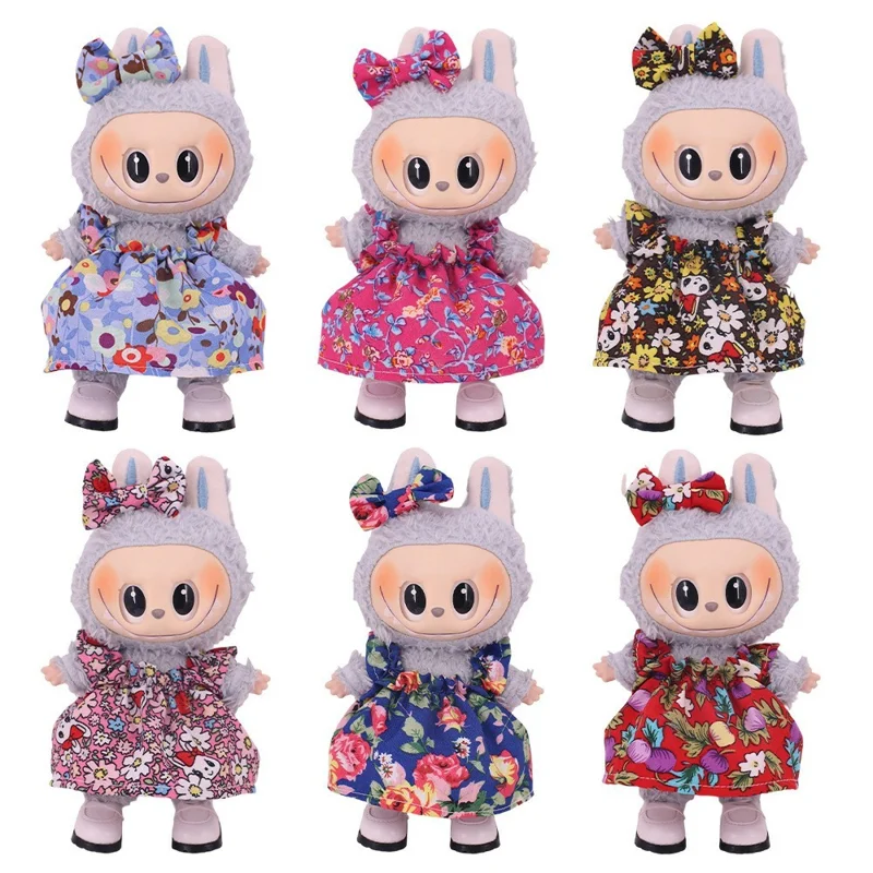 Per Labubu 17cm Mini Figura Peluche Vestito con Stampa Floreale e Fiocco per Festa - xm2660