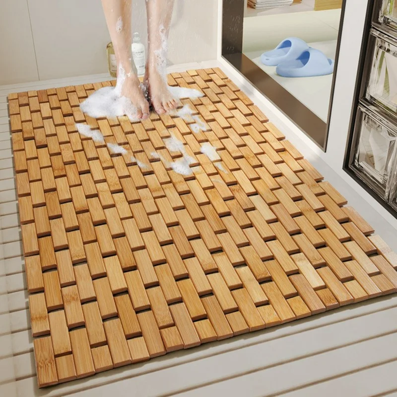 Alfombra de baño de bambú natural de 50 x 70 cm, antideslizante, alfombra de ducha de secado rápido - Color bambú