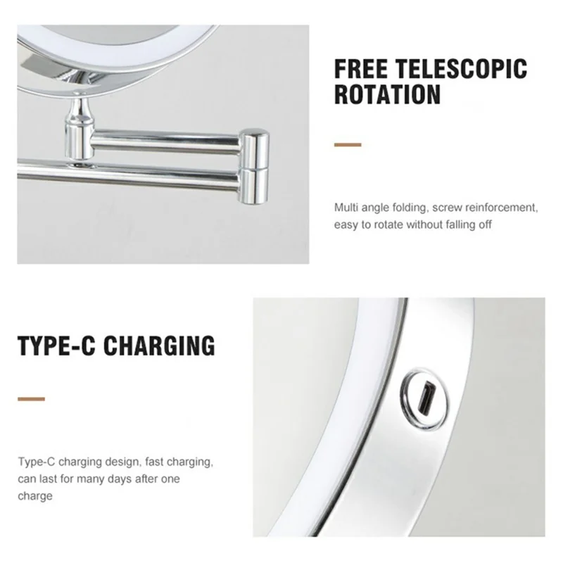 JI-Y8012 8.5 Inch 10X Magnification Dual Sided Wall Mounted Makeup Mirror with 3 Colors LED Light - Chrome