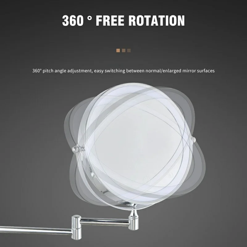 Espelho de Maquiagem JI-Y8012 de 8 Polegadas com Ampliação 5X, Montagem na Parede, Dupla Face, com Luz LED em 3 Cores - Cromado