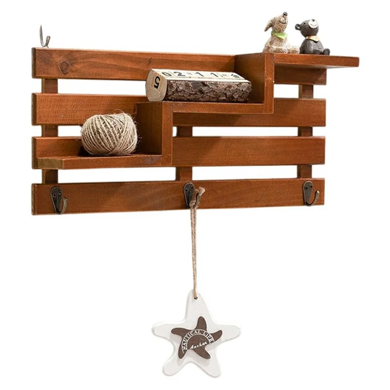 Estante Decorativo de Pared Creativo con Soporte para Llaves sin Necesidad de Taladrar - Organizador de Entrada para Hogar / Oficina - Marrón
