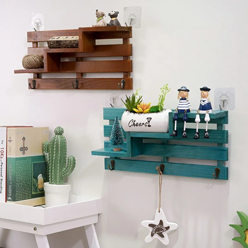 Estante Decorativo de Pared Creativo con Soporte para Llaves sin Necesidad de Taladrar - Organizador de Entrada para Hogar / Oficina - Marrón