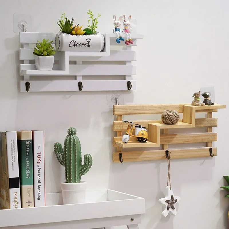 Estante Decorativo de Pared Creativo con Soporte para Llaves sin Necesidad de Taladrar - Organizador de Entrada para Hogar / Oficina - Marrón